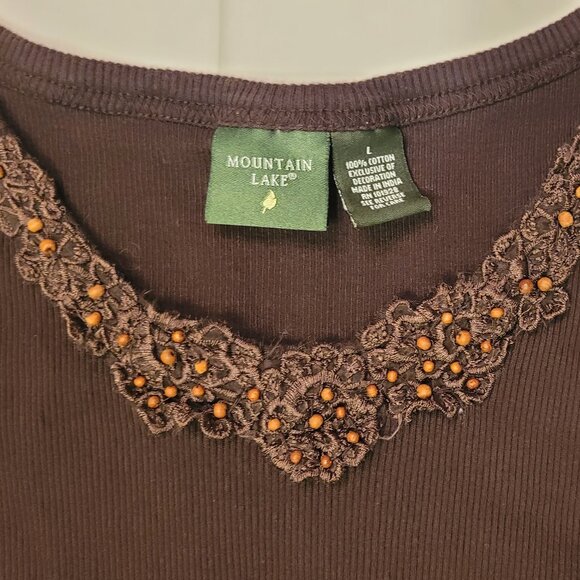 Brown Ribbed Tank Top Embellished Mounain Lake Womens Size L - Picture 4 of 11